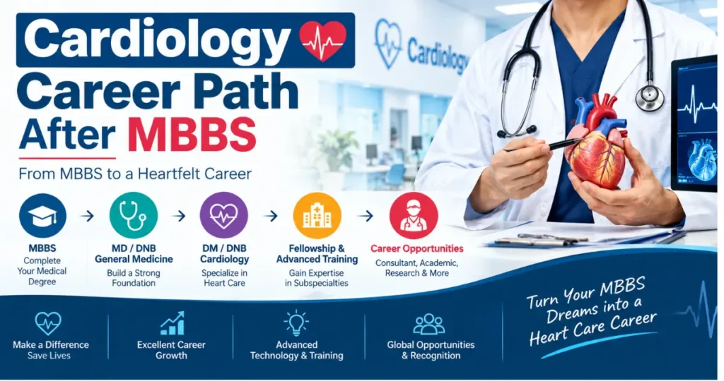 Cardiology career path after MBBS showing medical education, cardiology specialization, advanced training, and career opportunities