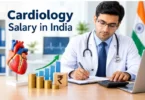 Cardiology salary in India showing an Indian cardiologist, heart model, rupee symbol, and salary growth chart