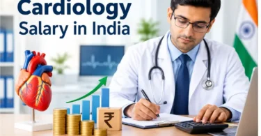 Cardiology salary in India showing an Indian cardiologist, heart model, rupee symbol, and salary growth chart