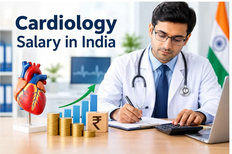 Cardiology salary in India showing an Indian cardiologist, heart model, rupee symbol, and salary growth chart