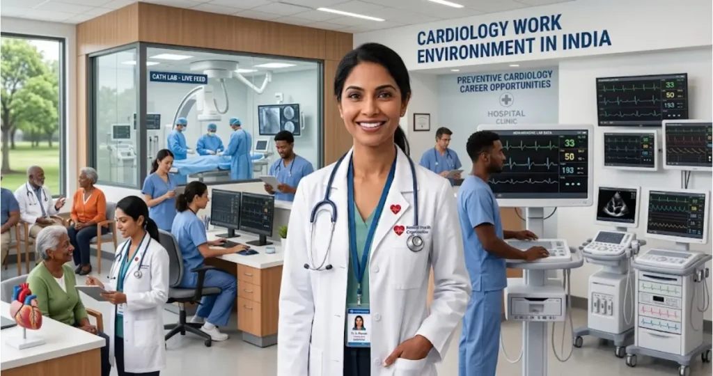 Cardiology work environment in India showing cardiologists working in hospitals, clinics, and cardiac care centers