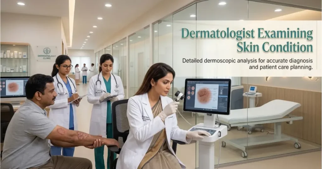 Dermatologist examining a patient's skin condition