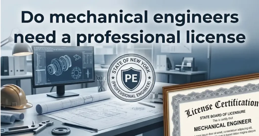 Mechanical engineer reviewing technical plans and engineering documents related to professional licensing requirements.