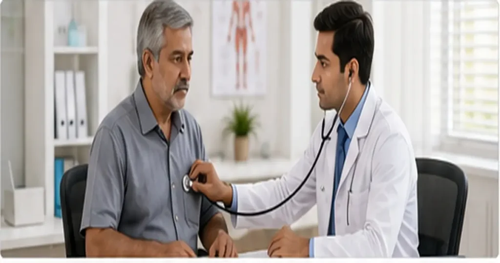 General Medicine doctor examining an adult patient in a clinic