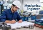 Mechanical engineer inspecting mechanical equipment and industrial machinery in an engineering facility