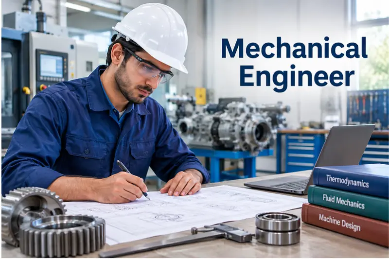 Mechanical engineer inspecting mechanical equipment and industrial machinery in an engineering facility