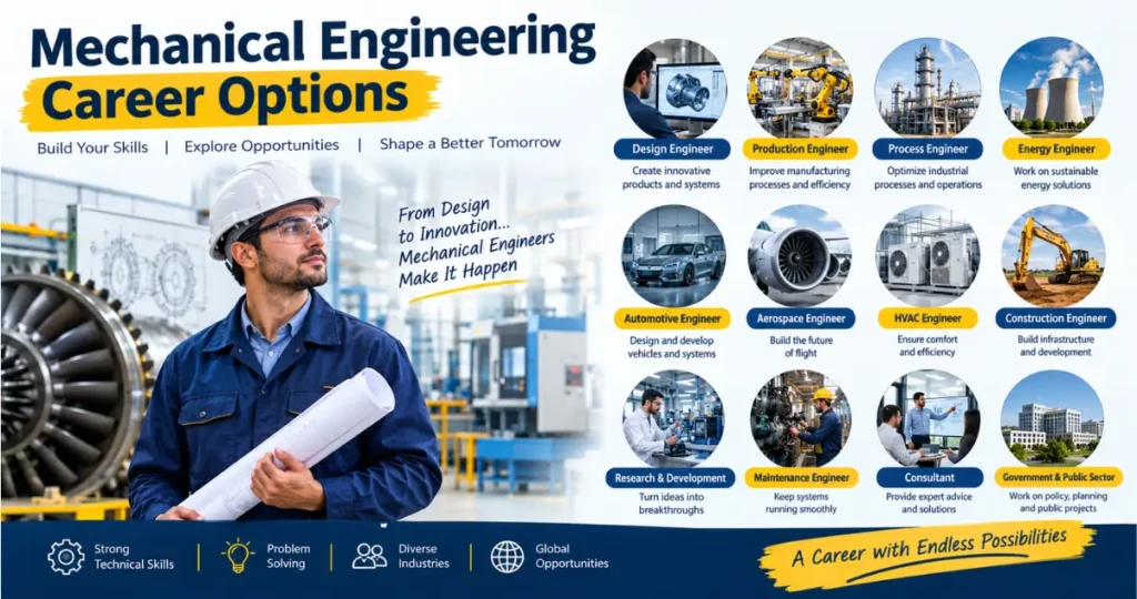 Mechanical engineering career options in design, manufacturing, automotive, energy, and engineering fields