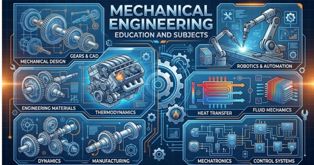 Mechanical Engineering: Principles, Branches, Applications & Global Careers Mechanical engineering education featuring engineering students, technical drawings, and mechanical components.