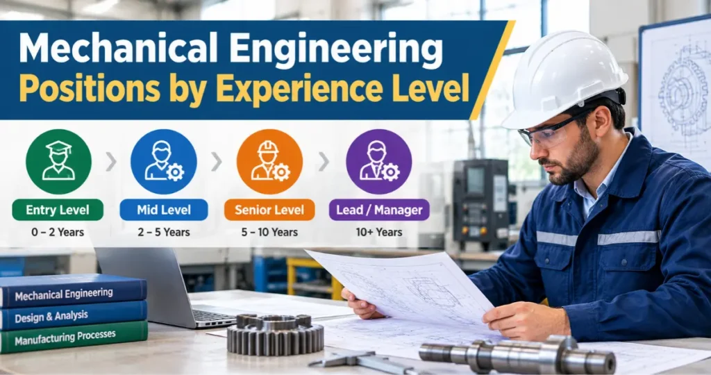 Mechanical engineering positions categorized by experience level, from entry-level engineers to experienced professionals and senior engineering managers.