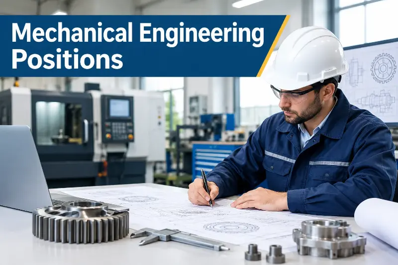 Mechanical engineering positions showing engineers working on industrial machinery, mechanical systems, and engineering projects.