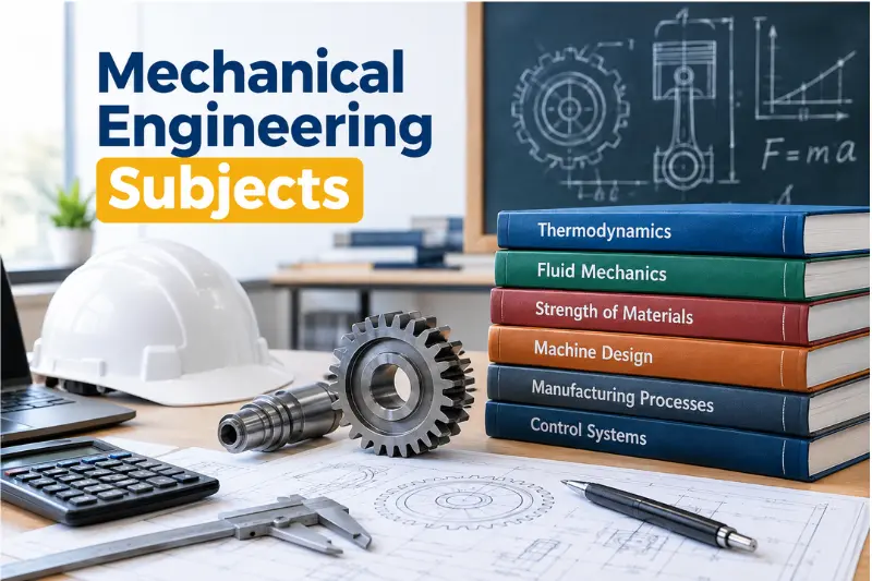 Mechanical engineering subjects covering thermodynamics, mechanics, fluid mechanics, and machine design