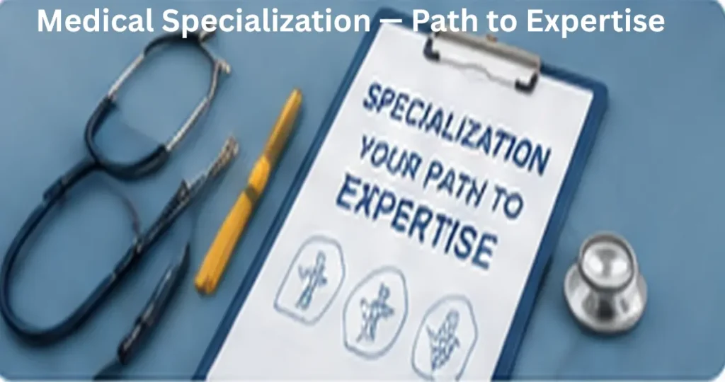 Medical specialization concept with stethoscope and postgraduate study materials