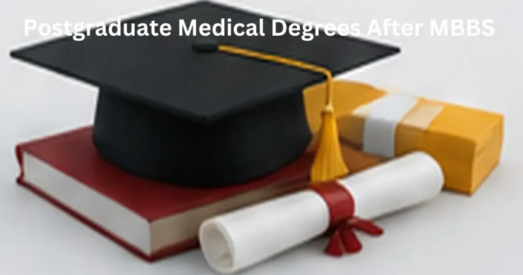 Graduation cap, medical books, and postgraduate medical degree representing courses after MBBS