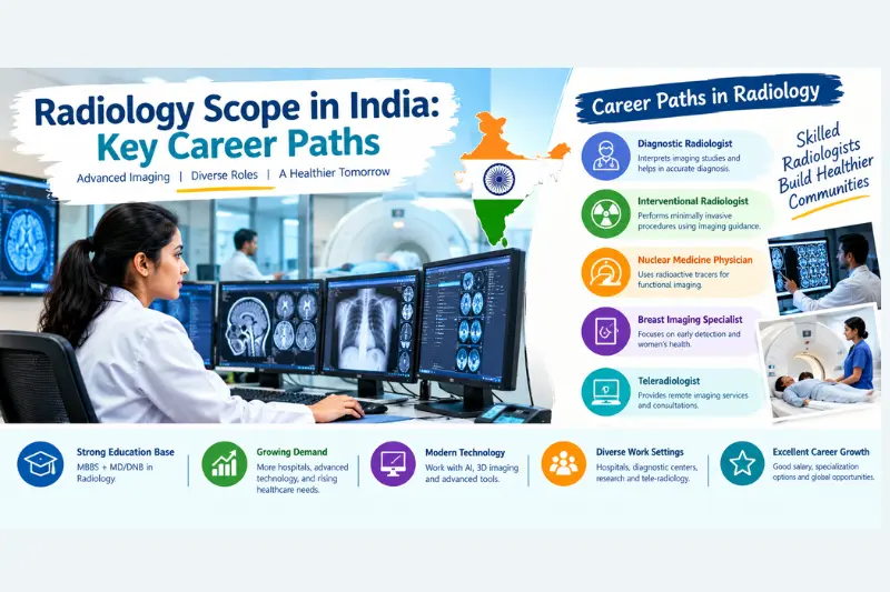 Radiology scope in India showing key career paths including diagnostic radiology, interventional radiology, nuclear medicine, breast imaging, and teleradiology