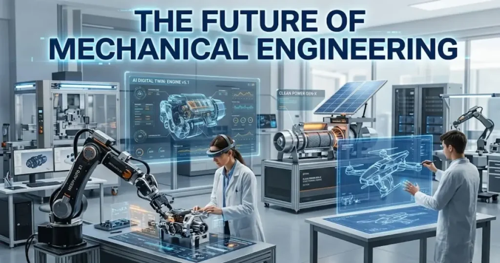 Mechanical Engineering: Principles, Branches, Applications & Global Careers The future of mechanical engineering featuring advanced robotics, automated manufacturing, and innovative mechanical systems.