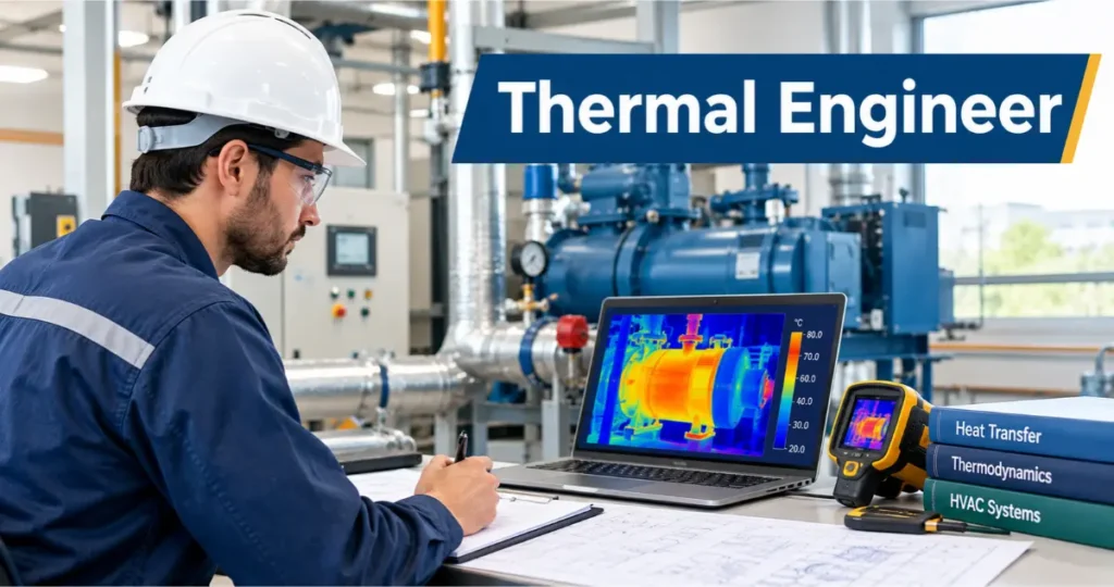 Thermal engineer analyzing heat transfer, thermal systems, and temperature control in industrial engineering equipment.