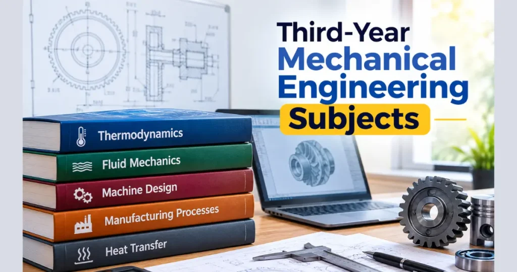 Third-year mechanical engineering subjects including machine design, heat transfer, manufacturing, and engineering systems