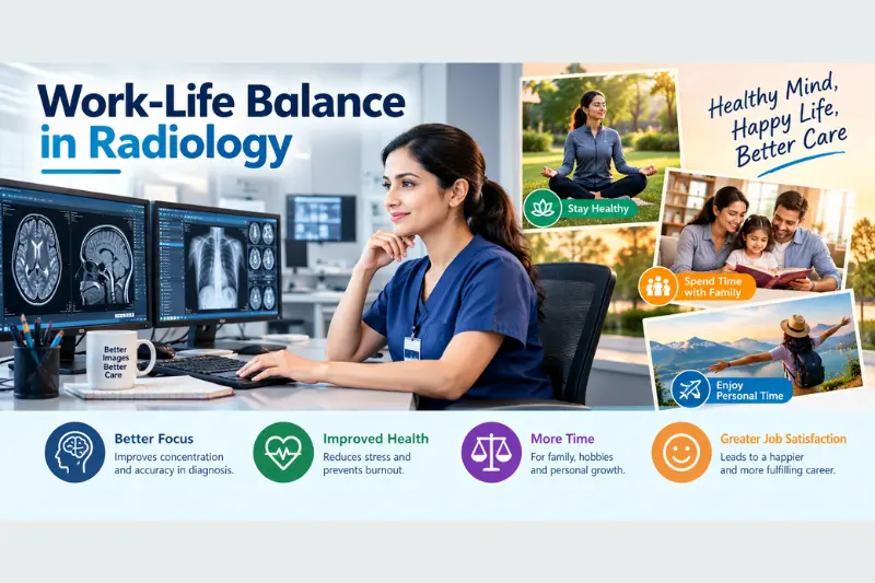 Work-life balance in radiology showing a radiologist managing medical imaging work, health, family time, and personal activities